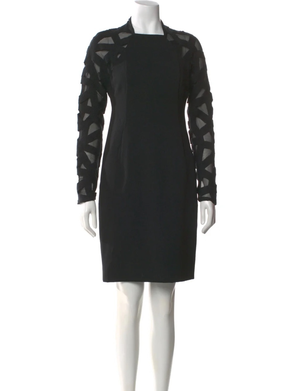 Akris Vintage Black Wool/Silk Geometric Sheer Sleeve Sheath Dress Size 10